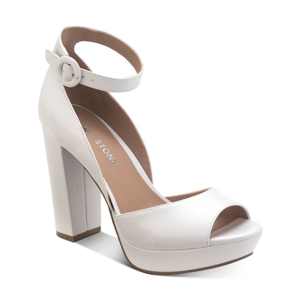 NIB Sun Stone Reetap White Platform Block Heels Open Toe Ankle Strap Women's 7